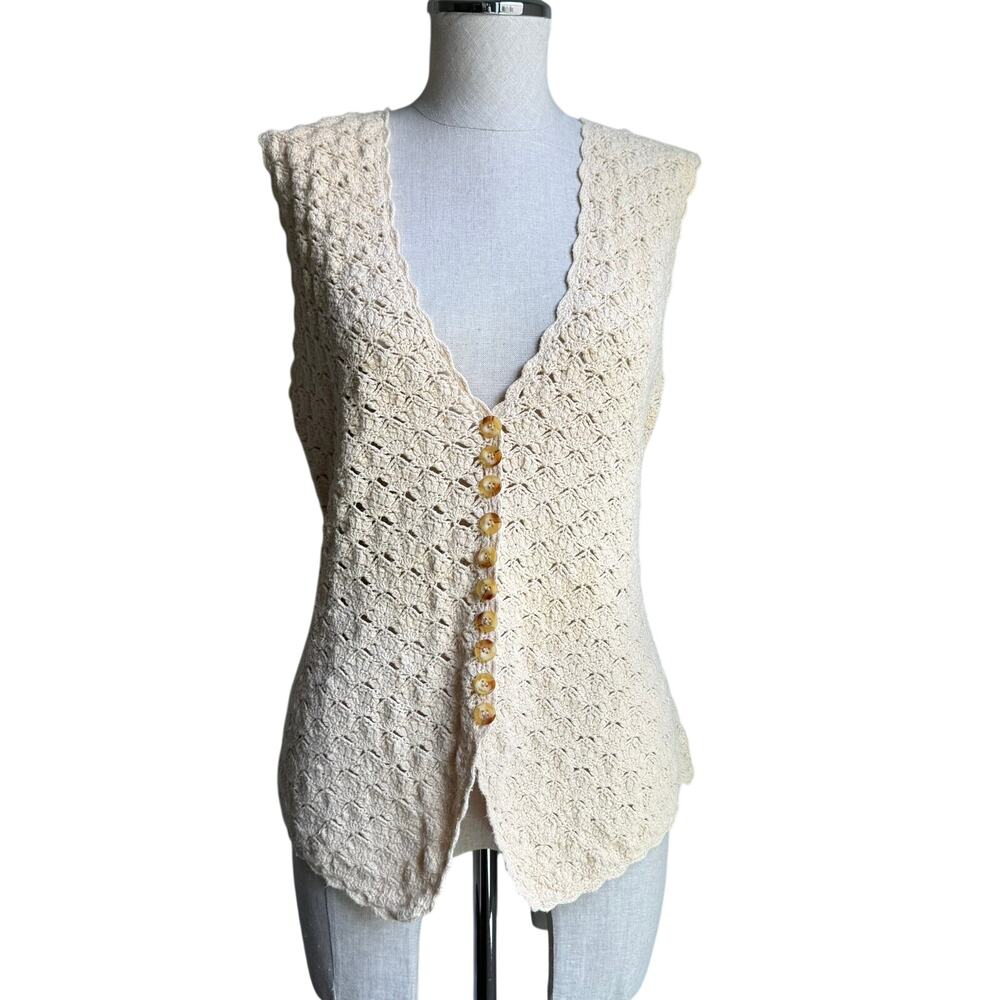 Worthington Vintage Crochet Knit Button Cream Beige Vest Small
